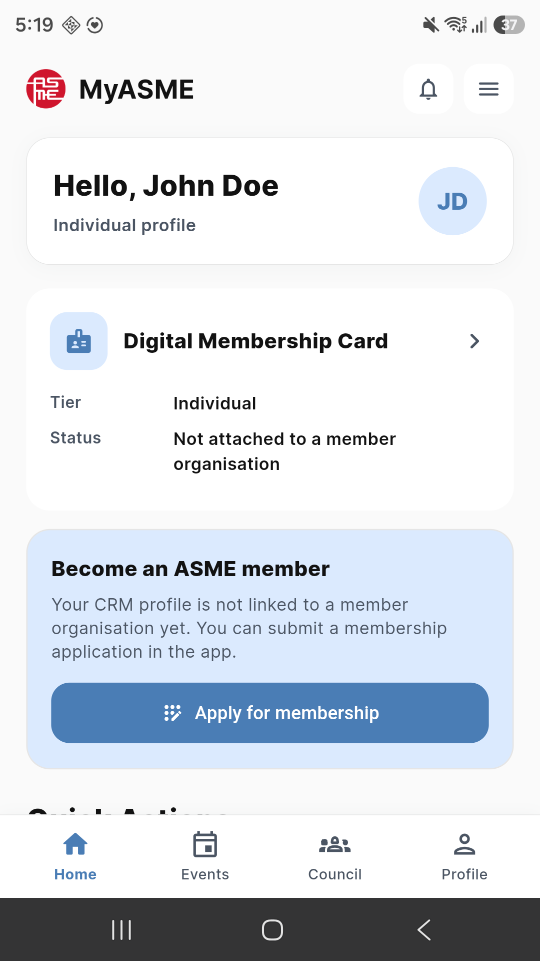 MyASME member home showing the digital membership card